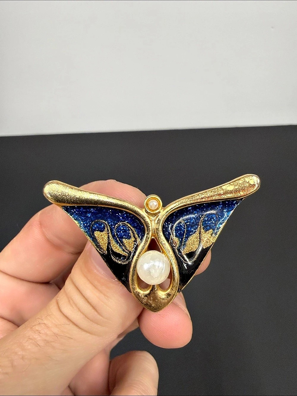 Art Nouveau Style Blue Enamel Butterfly Moth Brooch – Faux Pearl Gold Tone Pi